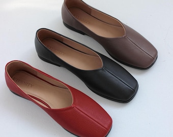 Handmade Genuine Leather Ballet Flats, Square Toe Mary Janes,Brown Leather,Red Everyday Shoes