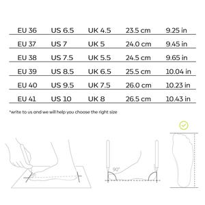 May include: Shoe size conversion chart with EU, US, and UK sizes, along with measurements in centimeters and inches. Includes a diagram illustrating how to measure foot length and width for accurate sizing. The text reads, "write to us and we will help you choose the right size."