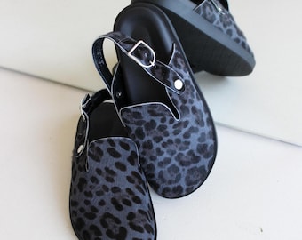 Leopard Print Leather Clogs, Women's Wide Toe Barefoot Shoes