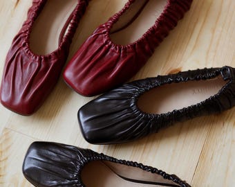 Handmade Italian Leather Ballet Flats, Square Toe Mary Janes,Red Shoes,Soft Black leather