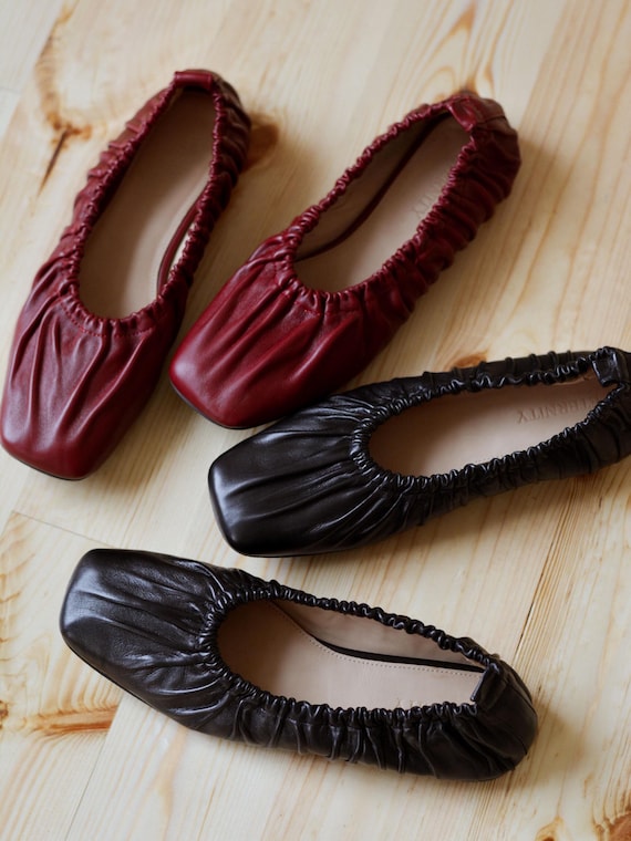 Handmade Italian Leather Ballet Flats, Square Toe Mary Janes,Red Shoes,Soft Black leather