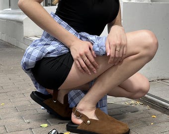 Handmade Brown Suede Leather Clogs, Women's Wide Toe Shoes