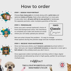 Step-by-step ordering guide for your personalised pet portraits. Upload your photos and make your selection for your own work of art."