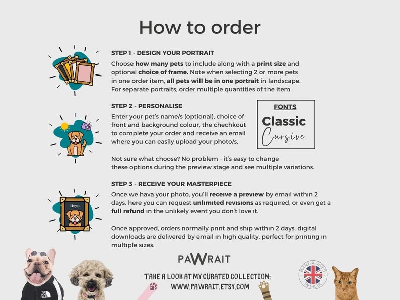 Step-by-step ordering guide for your personalised pet portraits. Upload your photos and make your selection for your own work of art."