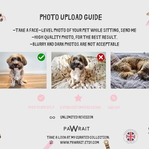 May include: A guide for taking photos of pets for custom pet portraits. The guide shows examples of good and bad photos. The good photos are clear and show the pet sitting with a face-level view. The bad photos are blurry or show the pet sleeping. The guide also mentions that over 10,000 portraits have been sold, there are 5-star customer reviews, and unlimited revisions are offered.