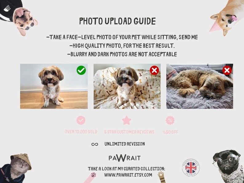 May include: A guide for taking photos of pets for custom pet portraits. The guide shows examples of good and bad photos. The good photos are clear and show the pet sitting with a face-level view. The bad photos are blurry or show the pet sleeping. The guide also mentions that over 10,000 portraits have been sold, there are 5-star customer reviews, and unlimited revisions are offered.