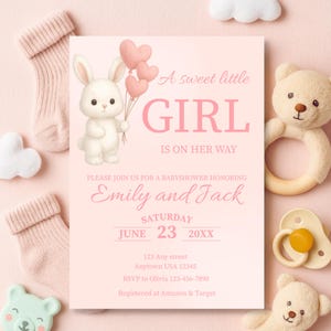 Rosa Hase Baby Shower Einladung Mädchen – Bearbeitbare Canva Vorlage – Süße Hase Baby Shower Einladung – Digitaler Download