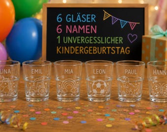 Personalisierte Kindergeburtstags‑Gläser – 6er Set mit Namen | Mitgebsel & Geschenk für kleine Gäste | 17 cl