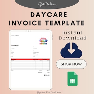 Może przedstawiać: Cyfrowy szablon faktury dla żłobka z wzorem tęczy i kredek. Szablon jest dostępny do natychmiastowego pobrania. Na szablonie widoczny jest tekst "Faktura 001" i "100,00 zł".