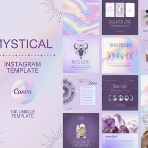 May include: A collection of Instagram story templates with a mystical theme. The templates feature a variety of designs, including crystals, moon phases, zodiac signs, and tarot cards. The templates are designed in a purple and iridescent color scheme.