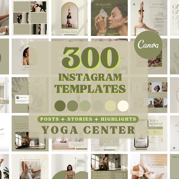 300 Yoga Green Instagram Templates | Yoga Center Instagram Templates | Instagram Canva Templates for Yoga Instructors  | Yoga Social Media