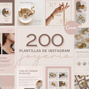 May include: A collage of images promoting jewelry templates for Instagram. The images feature gold jewelry, including necklaces, earrings, and bracelets. The text "200 PLANTILLAS DE INSTAGRAM joyeria" is featured in the center of the collage.