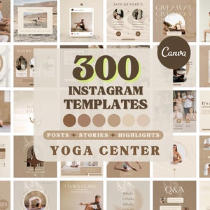 300 Yoga Beige Instagram Templates | Yoga Center Instagram Templates | Instagram Canva Templates for Yoga Instructors  | Yoga Social Media