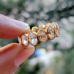 Oval Moissanite Engagement Ring, 6x4 Bezel Set Oval Full Eternity Band in Yellow Gold, Sparkling Stackable Bridal Ring, Cubic Zirconia Band
