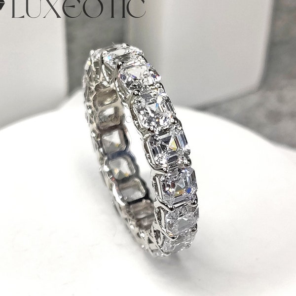 4 mm Asscher Moissanite Band, Cubic Zirconia Full Eternity Band, Engagement Ring in White Gold, Bridal Wedding Ring