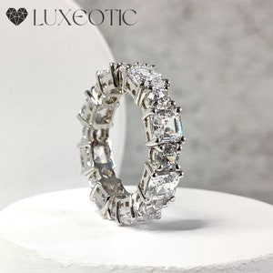 Moissanite Eternity Band Ring: Asscher & Round Cut, Sterling Silver