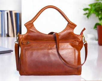 Handmade Leather Ladies' Bag - Fashionable Mini Laptop Tote - Durable Goat Pullup Leather Satchel"