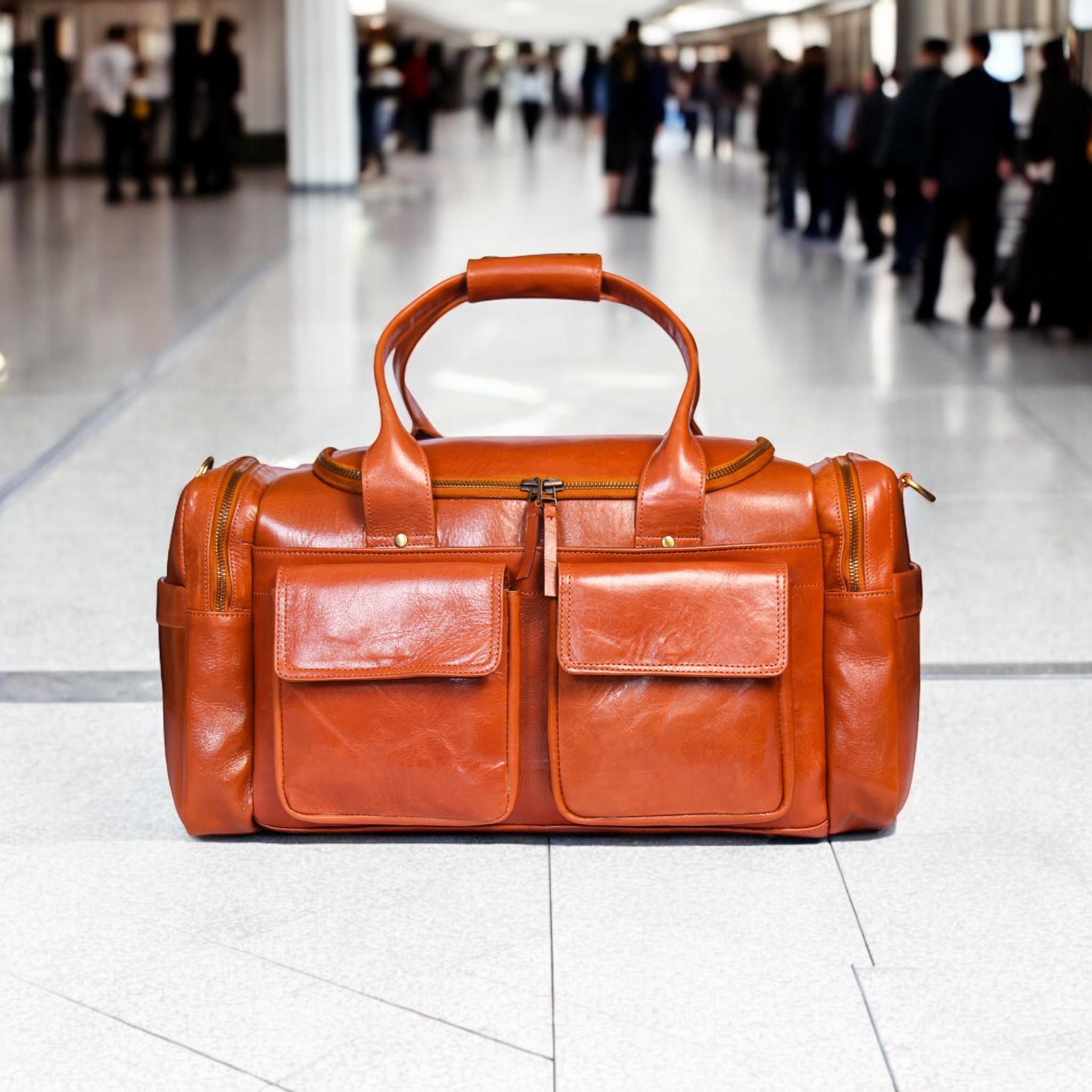 Handmade Buffalo Leather Duffle Bag: Tobacco Weekender Travel Bag
