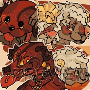 May include: Three cartoon animal illustrations with red, white, and gold accents. The first is a red dog with a gold collar, the second is a white sheep with a gold horn and red and white markings, and the third is a red dog with a gold collar and a red tongue.