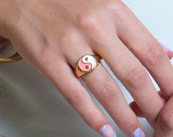 Pink and White Yin & Yang Gold Signet Statement Ring, Anniversary Gift For Her, Gold Jewelry For Women