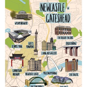 May include: An illustrated map of Newcastle and Gateshead, England, featuring landmarks such as St. James' Park, the Tyne Bridge, and Grey's Monument.