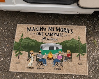 Personalized Campsite Welcome Mat, Custom Family Campsite RV Car Doormat, Happy Camper Housewarming Gift, Camping Couple Rug Decor