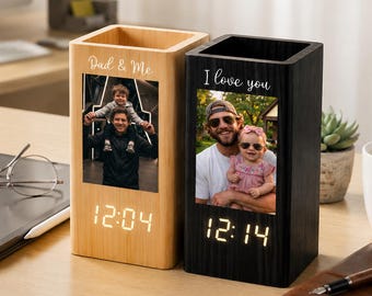Personalized Dad Photo With Kid Pen Holder With Clock, Father's Day Gift For Him, Husband Desk Organizer, Photo Frame Wood Pen Holder Clock
