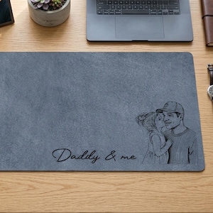 Personalized Dad We Love You Custom Photo Sketch Line Art Desk Mat, Father's Day Gift For Husband, Daddy & Kid Picture Desk Pad Mouse Mat
