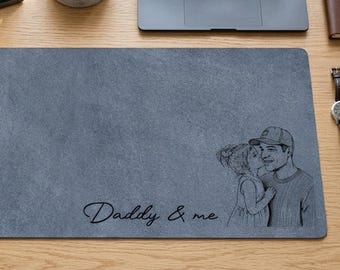Personalized Dad We Love You Custom Photo Sketch Line Art Desk Mat, Father's Day Gift For Husband, Daddy & Kid Picture Desk Pad Mouse Mat