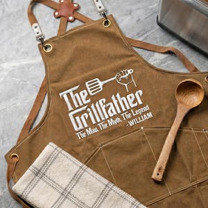 Custom Embroidered Custom Apron For Dad Grandpa, Personalized Fathers Day Gift BBQ Grilling Apron From Kids, Mens Cooking Kitchen Accessory