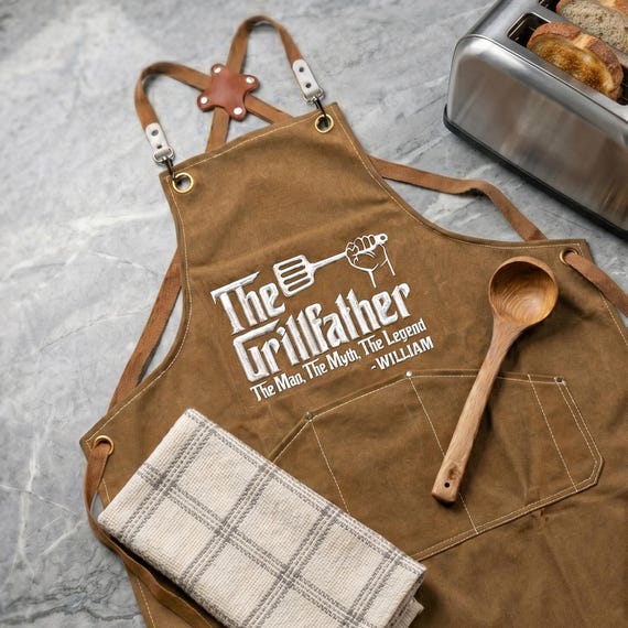Custom Embroidered Custom Apron For Dad Grandpa, Personalized Fathers Day Gift BBQ Grilling Apron From Kids, Mens Cooking Kitchen Accessory