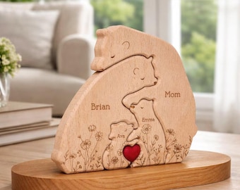 Rompecabezas de madera personalizado con diseño de familia de osos, rompecabezas familiar grabado para guardar recuerdos, rompecabezas floral con diseño de familia de osos abrazándose, regalo del Día de la Madre para mamá.