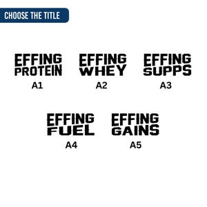 Puede incluir: Fondo blanco con opciones de texto para productos de fitness. El texto incluye "EFFING PROTEIN", "EFFING WHEY", "EFFING SUPPS", "EFFING FUEL" y "EFFING GAINS". Cada opci&oacute;n de texto est&aacute; en negrita, en negro.