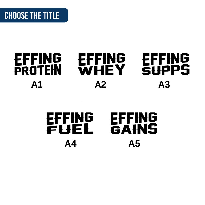Puede incluir: Fondo blanco con opciones de texto para productos de fitness. El texto incluye "EFFING PROTEIN", "EFFING WHEY", "EFFING SUPPS", "EFFING FUEL" y "EFFING GAINS". Cada opci&oacute;n de texto est&aacute; en negrita, en negro.