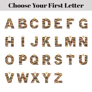 May include: An alphabet made of bookcases with gold stars on top. Each letter is made of a bookshelf filled with books. The letters are in a row, starting with A and ending with Z.
