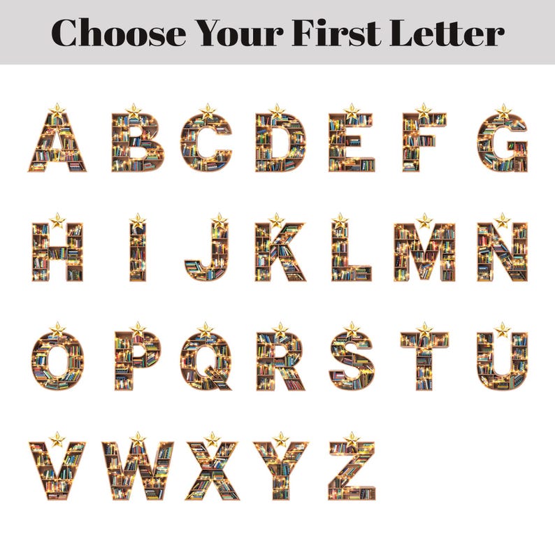 May include: An alphabet made of bookcases with gold stars on top. Each letter is made of a bookshelf filled with books. The letters are in a row, starting with A and ending with Z.
