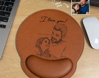 Custom Photo Sketch Line Art Father's Day Gift For Dad, Husband Mouse Pad, Father's Day Gift, Dad Picture Desk 3D Leather Pad Mouse Mat