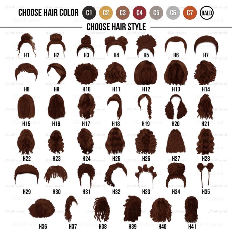 May include: A guide showcasing hair colour and style choices. The top section presents colour options labelled C1 to C7, and a bald option. Below, hairstyles are numbered H1 to H41, providing a diverse range for personalisation.