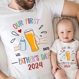 This Is Our First Father&#39;s Day Matching Shirt And Bodysuit With Custom Names, Personalized Dad And Baby Shirts for Father&#39;s Day Gift