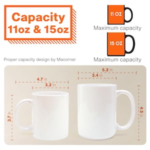 Pode incluir: Duas canecas de cer&acirc;mica branca com detalhes de capacidade e dimens&otilde;es. A imagem mostra duas canecas, uma com capacidade de 11 oz e outra de 15 oz. As medidas s&atilde;o fornecidas em cm: 9,4 cm, 11,9 cm, 8,1 cm, 13,2 cm, 8,6 cm e 11,4 cm.