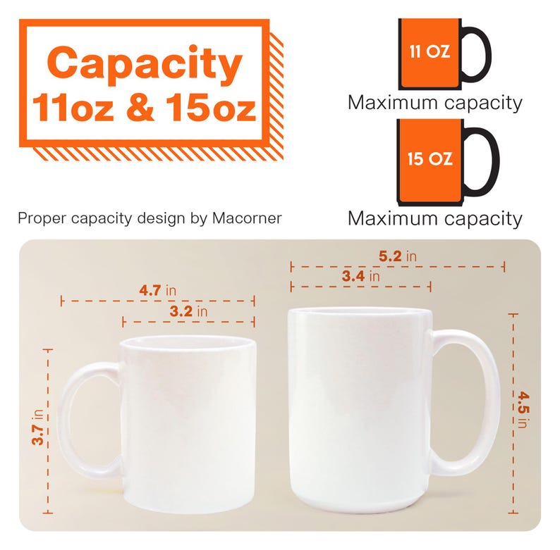 Pode incluir: Duas canecas de cer&acirc;mica branca com detalhes de capacidade e dimens&otilde;es. A imagem mostra duas canecas, uma com capacidade de 11 oz e outra de 15 oz. As medidas s&atilde;o fornecidas em cm: 9,4 cm, 11,9 cm, 8,1 cm, 13,2 cm, 8,6 cm e 11,4 cm.