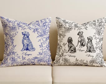 Custom Dog Toile De Jouy Pillow: Chinoiserie Style, Personalized Pet Portrait