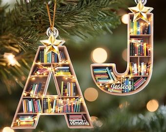 Name Ornament, Personalized Book Ornament, Custom Letter Initial, Acrylic Ornament, Book Christmas Gift For Book Lover Bookworm Booknerd