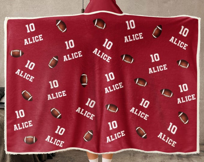 Personalized Football Wearable Hooded Blanket, Custom Name And Number, Christmas Gift Birthday Gift For Football Player Team Football Mom