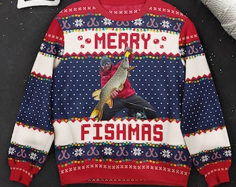 Personalized Fishing Christmas Ugly Sweater: Merry Fishmas Photo