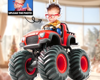 Custom Face Kid Riding Monster Truck Gifts For Toddler, Kids, Personalized Acrylic Photo Ornament, Custom Baby Photo Ornament,Christmas Gift