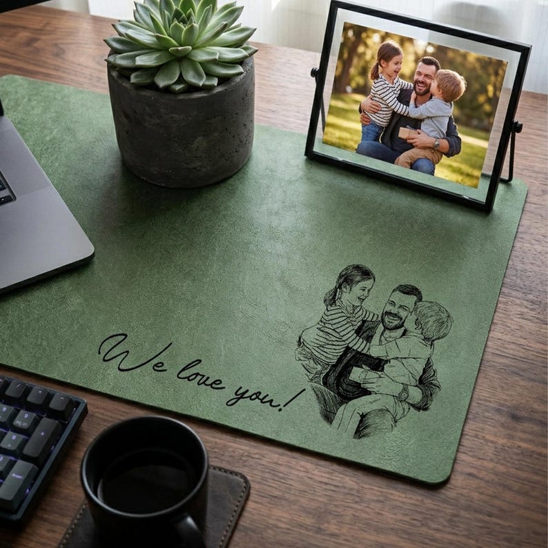 May include: Green desk mat with the text "We love you!" and a sketch of a family hugging. A framed photo of a family is on the desk, along with a succulent in a concrete pot, a laptop, a keyboard, and a black coffee mug.