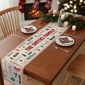 May include: A cream-colored fabric table runner featuring the red text THE SMITHS FAMILY, interspersed with names like Noah, Emma, William, and Sophia in various fonts and colors, alongside festive icons of Christmas trees, gifts, and bows.