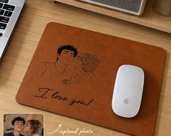 Personalized Dad Sketch Line Art Leather Charging Pad, Custom Photo Father's Day Gift For Dad, Husband Custom Wireless Charger Pad For Him