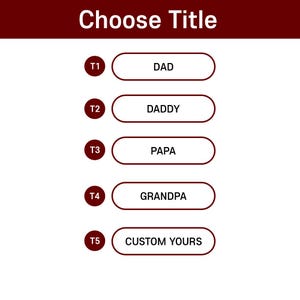 Pode incluir: Imagem com o texto "Choose Title" no topo. Abaixo est&atilde;o cinco op&ccedil;&otilde;es em ret&acirc;ngulos arredondados brancos com bordas vermelhas escuras. As op&ccedil;&otilde;es s&atilde;o rotuladas de T1 a T5, com o texto "DAD", "DADDY", "PAPA", "GRANDPA" e "CUSTOM YOURS".